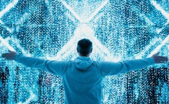 "Digital interface of the future with a virtual screen showing icons for AI, blockchain, quantum computing, and the 5G network."