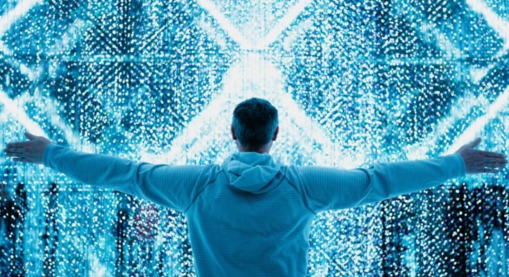 "Digital interface of the future with a virtual screen showing icons for AI, blockchain, quantum computing, and the 5G network."